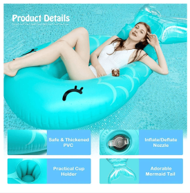 PVC Inflatable Mermaid Raft, Water Leisure Inflatable Whale Floating Bed Float Raft Lounger,Pool Party Entertainment For All Ages