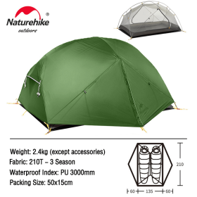 Naturehike Mongar Tent 2 Person Ultralight Travel Tent Double Layer Waterproof Tent Backpacking Tent Outdoor Hiking Camping Tent (Color: 210T - Forest Green)